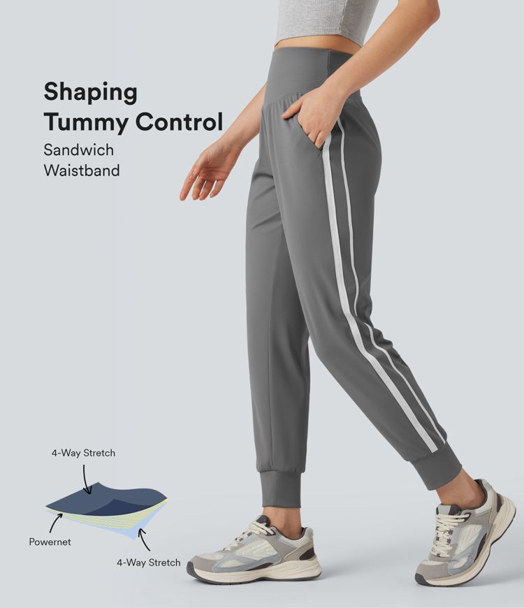 SoCinched High Waisted Tummy Control Color Block Quick Dry Running Joggers with Pockets-UPF40+