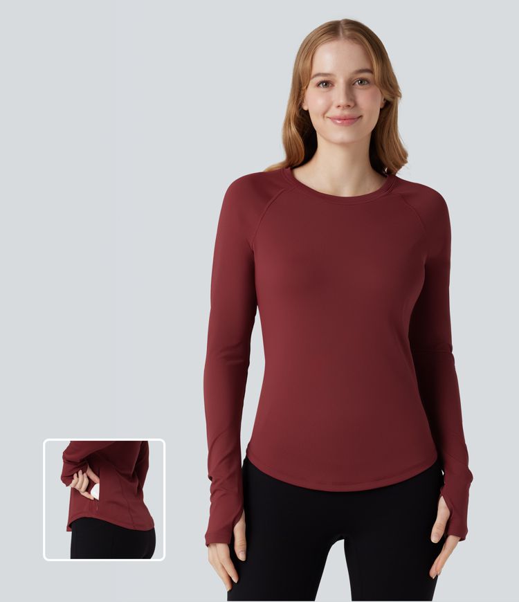 Round Neck Long Sleeve Thumb Holes Curved Hem Workout Sports Top with Pocket
