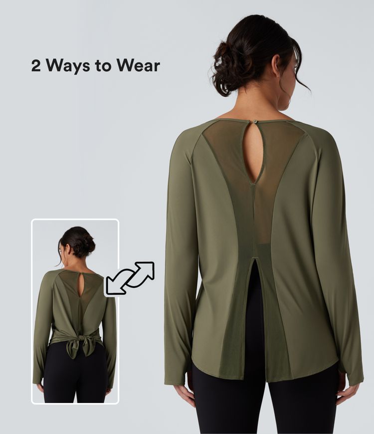 Long Sleeve Thumb Holes Contrast Mesh Workout Sports Top