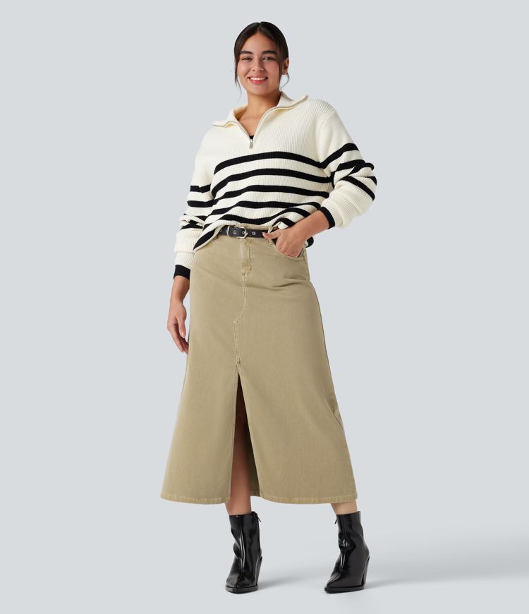 Halara Flex™ Mid Rise Split Midi Casual Colorful Denim Skirt with Pockets