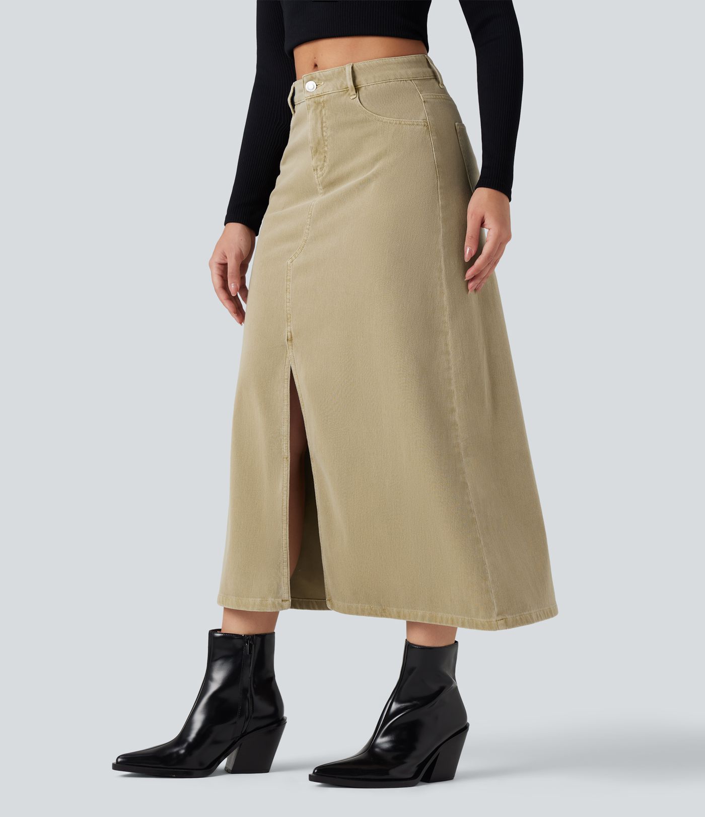 Halara Flex™ Mid Rise Split Midi Casual Colorful Denim Skirt with Pockets