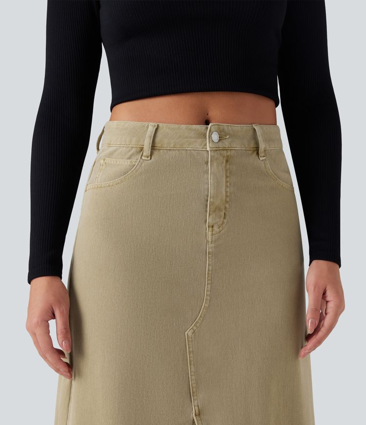 Halara Flex™ Mid Rise Split Midi Casual Colorful Denim Skirt with Pockets