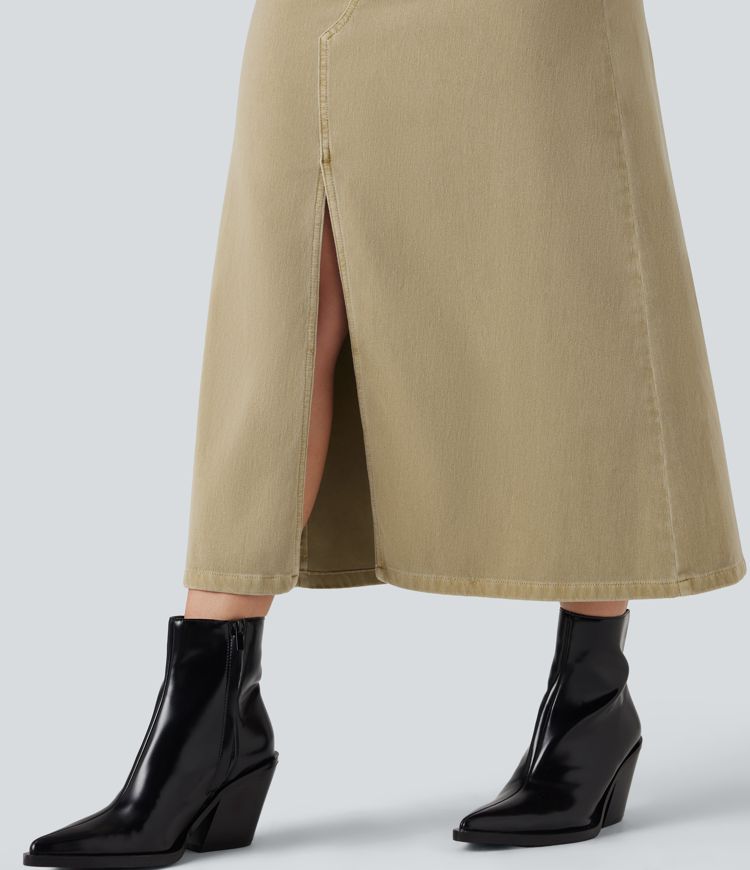 Halara Flex™ Mid Rise Split Midi Casual Colorful Denim Skirt with Pockets