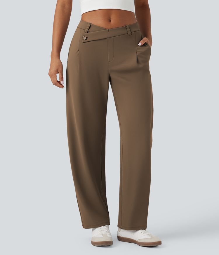 Pantalon fuselé décontracté asymétrique taille mi-haute avec poches