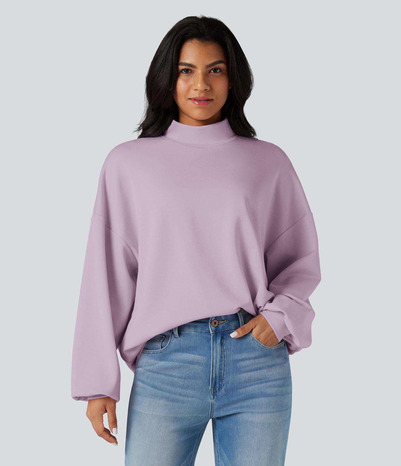 Mock-neck Relaxed Casual Sweatshirt with Pockets