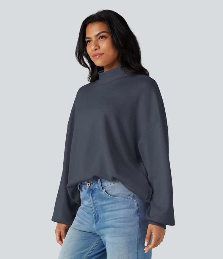 Mock-neck Relaxed Casual Sweatshirt with Pockets