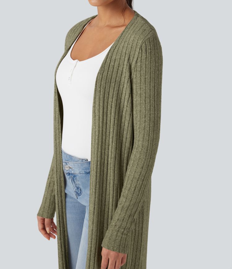 Ribbed Knit Long Sleeve Split Casual Longline Coat