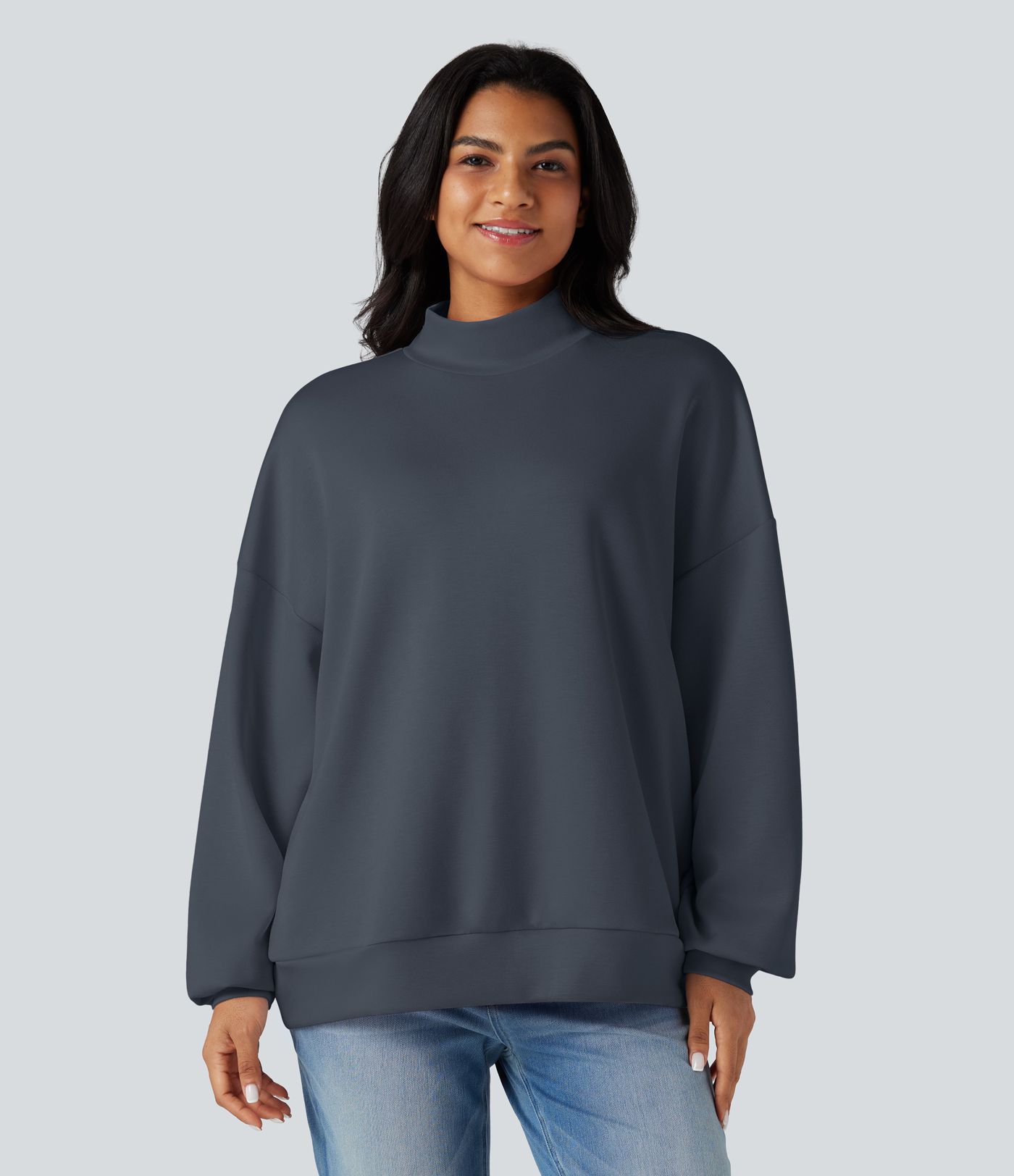 Mock-neck Relaxed Casual Sweatshirt with Pockets