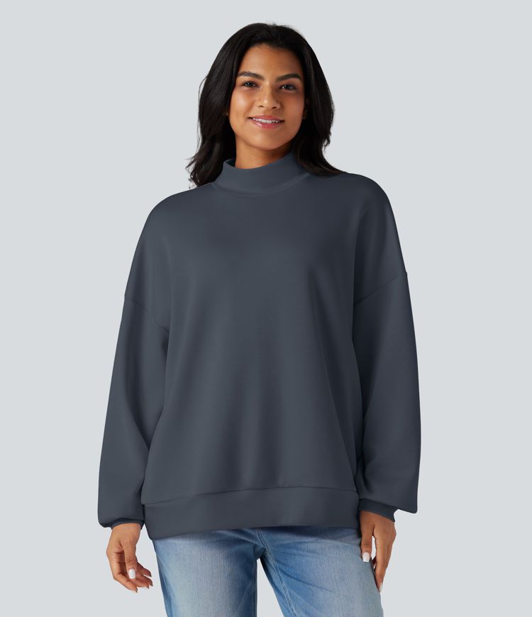 Mock-neck Relaxed Casual Sweatshirt with Pockets