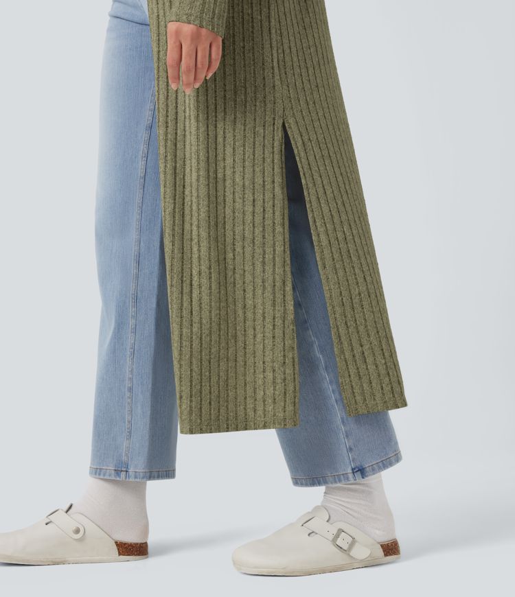 Ribbed Knit Long Sleeve Split Casual Longline Coat