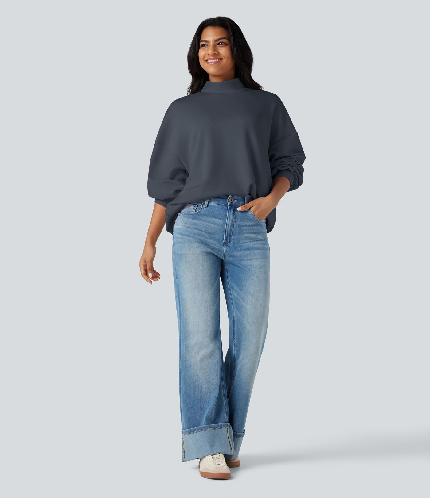 Mock-neck Relaxed Casual Sweatshirt with Pockets