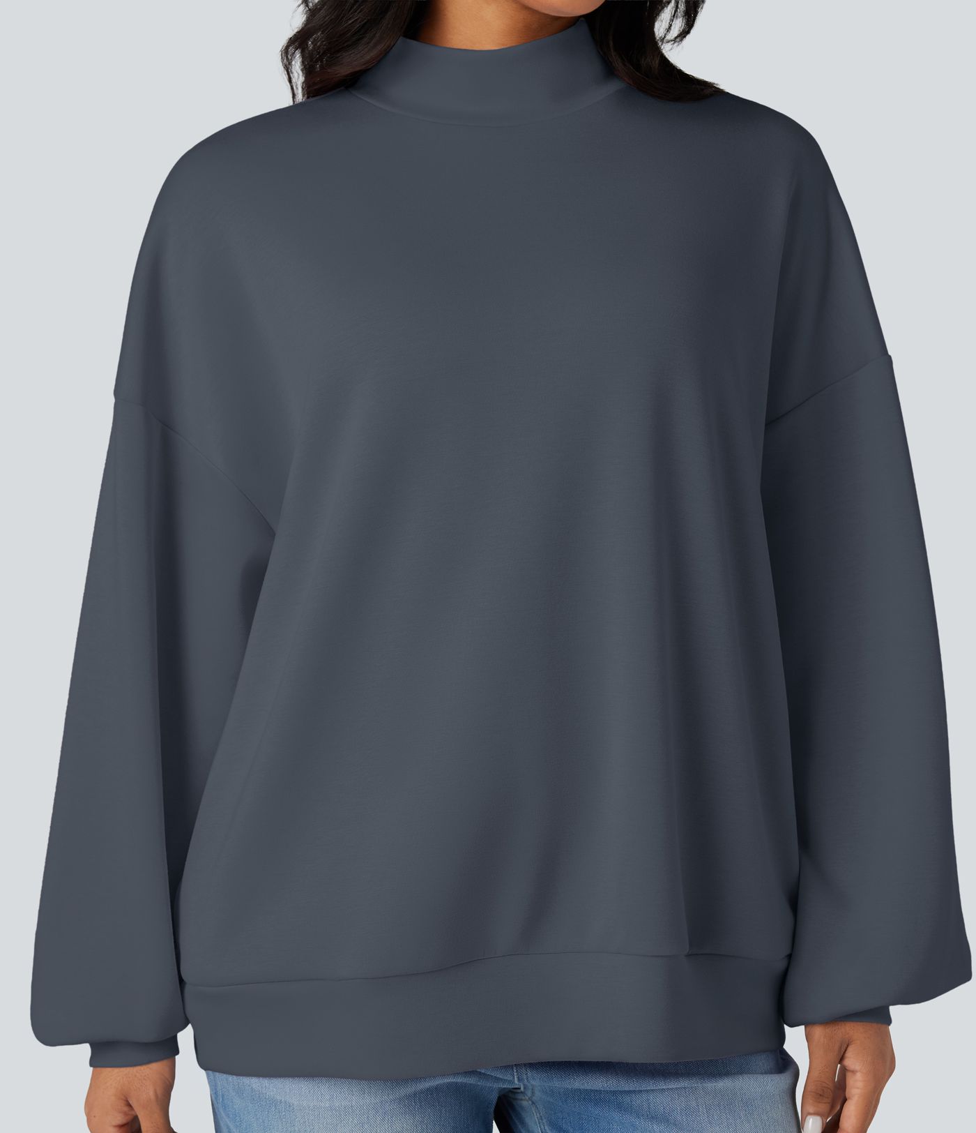 Mock-neck Relaxed Casual Sweatshirt with Pockets