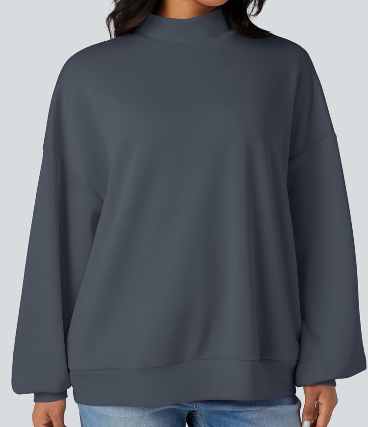 Mock-neck Relaxed Casual Sweatshirt with Pockets