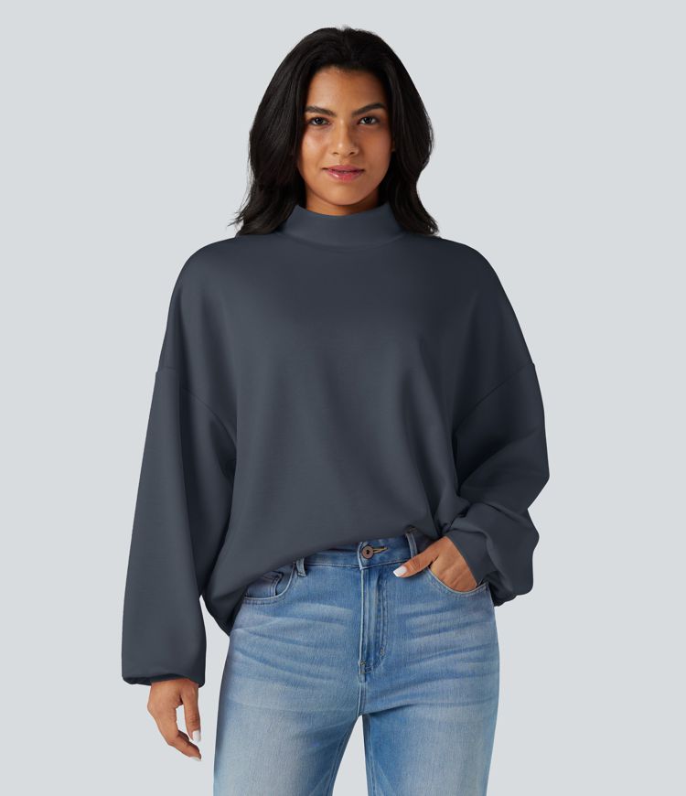 Mock-neck Relaxed Casual Sweatshirt with Pockets