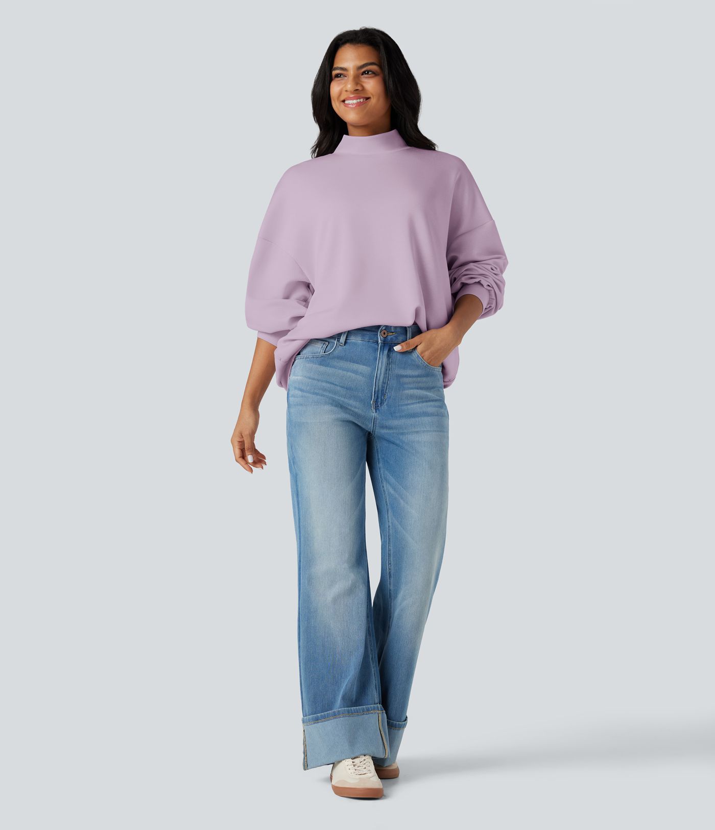 Mock-neck Relaxed Casual Sweatshirt with Pockets