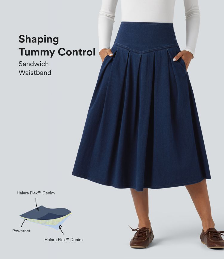 Halara Flex™ High Waisted Tummy Control Pleated Midi Casual Denim Skirt with Pockets