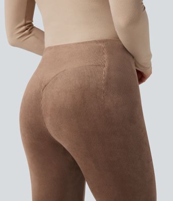 Pantalon évasé polaire côtelé gainant taille haute