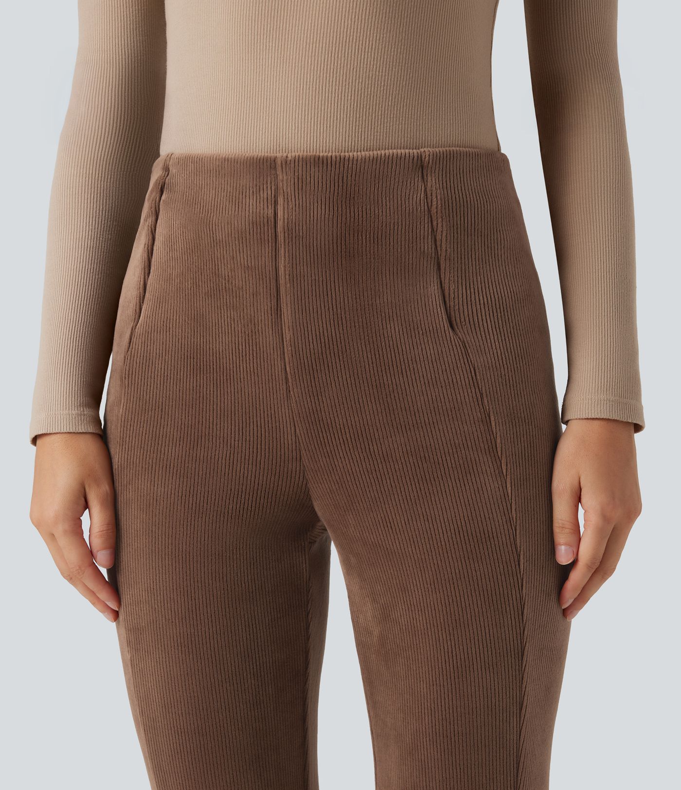 Pantalon évasé polaire côtelé gainant taille haute