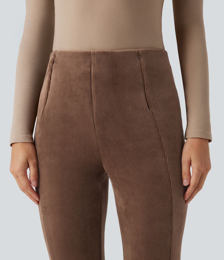 Pantalon évasé polaire côtelé gainant taille haute