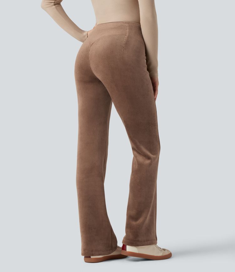 Pantalon évasé polaire côtelé gainant taille haute