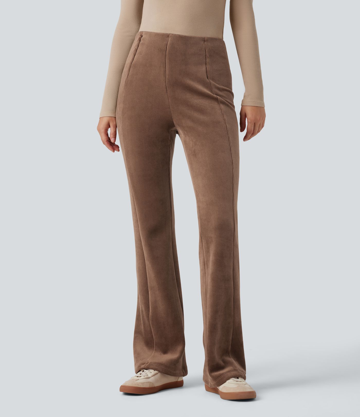 Pantalon évasé polaire côtelé gainant taille haute