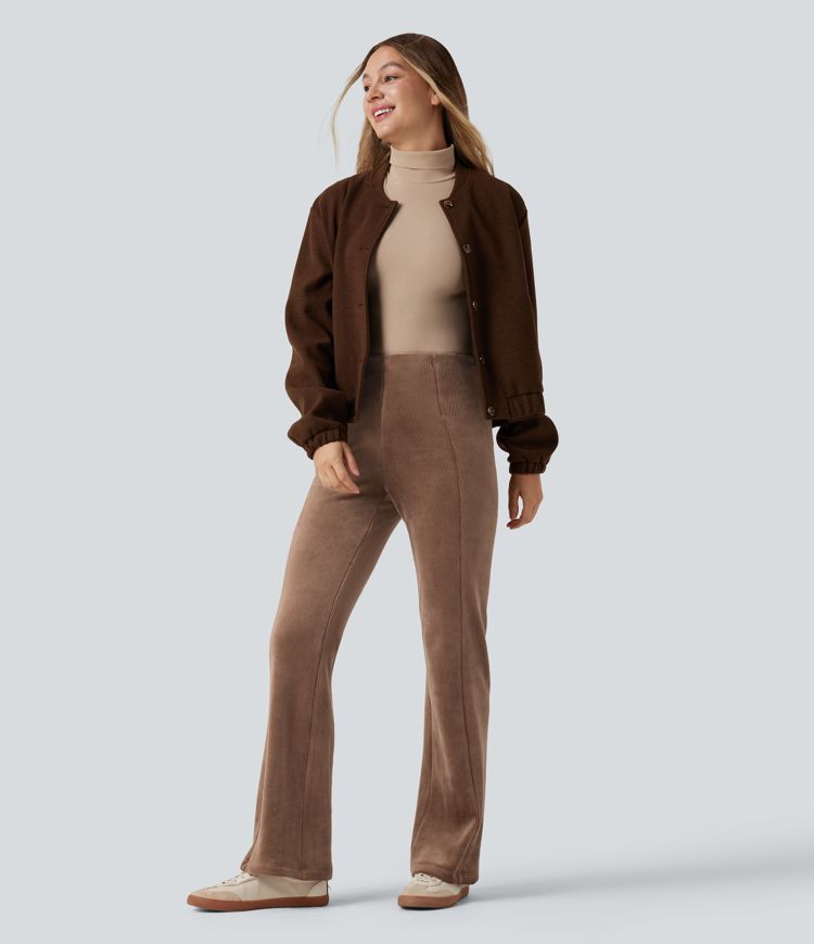 Pantalon évasé polaire côtelé gainant taille haute