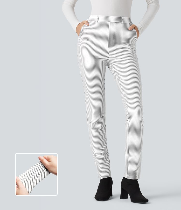 High Waisted Skinny Stripe Work Pants with Pockets