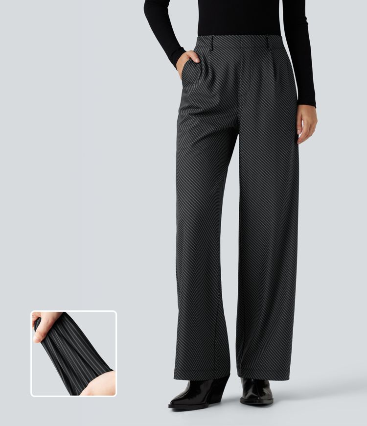 High Waisted Straight Leg Stripe Work Pants with Pockets