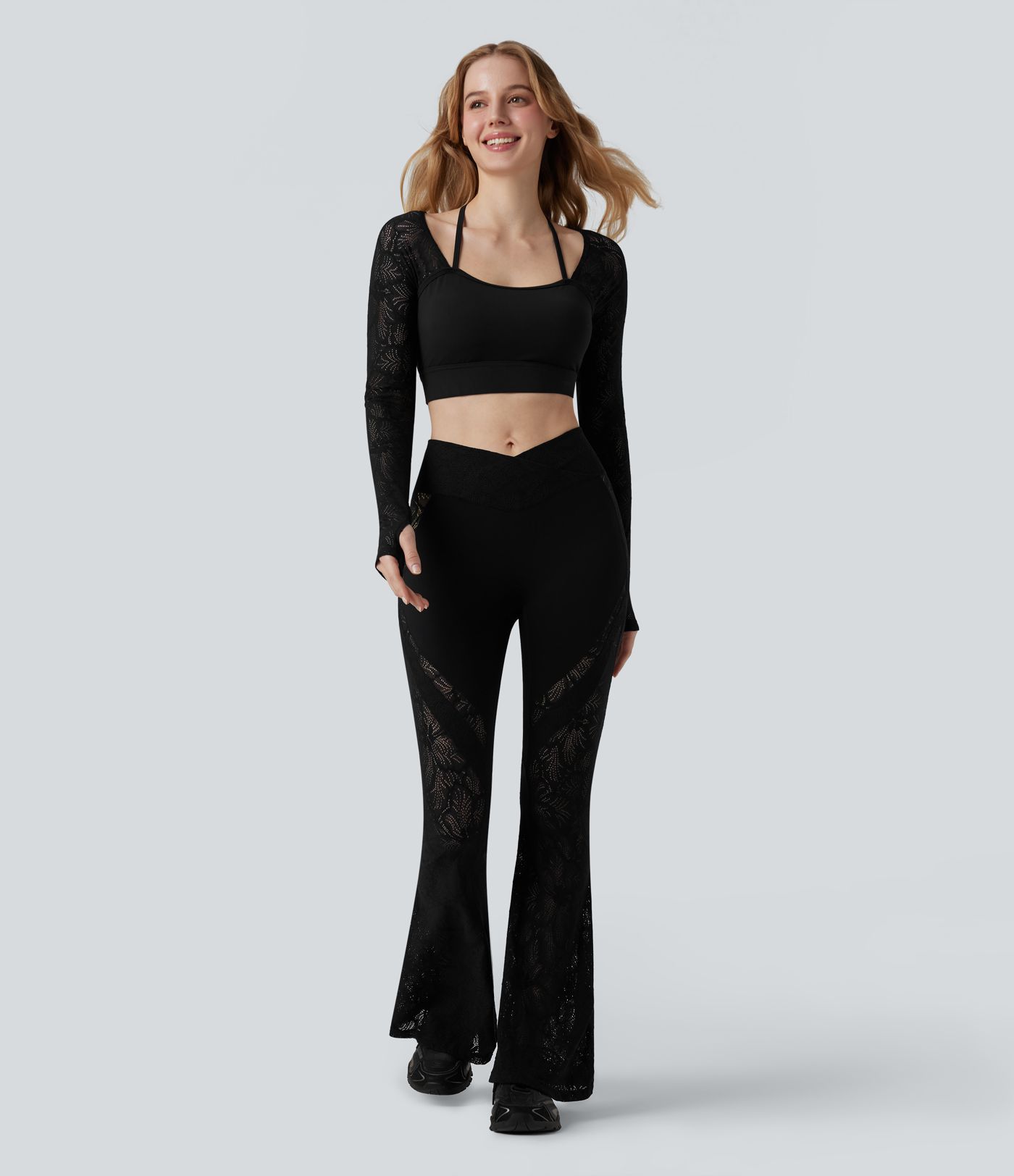 SoftlyZero™ Contrast Lace Halter Long Sleeve Thumb Holes Cropped Yoga Top