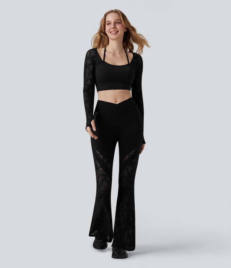 SoftlyZero™ Contrast Lace Halter Long Sleeve Thumb Holes Cropped Yoga Top