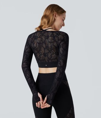 SoftlyZero™ Contrast Lace Halter Long Sleeve Thumb Holes Cropped Yoga Top
