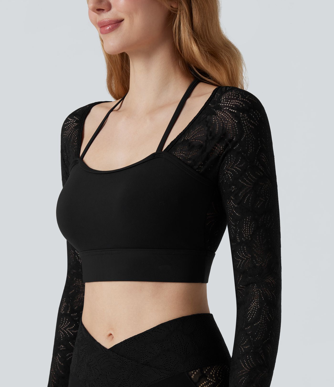 SoftlyZero™ Contrast Lace Halter Long Sleeve Thumb Holes Cropped Yoga Top