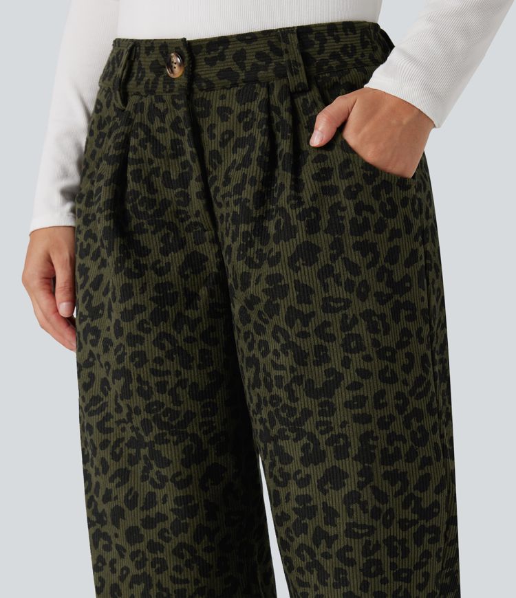 Mid Rise Leopard Print Corduroy Casual Straight-leg Pants with Pockets