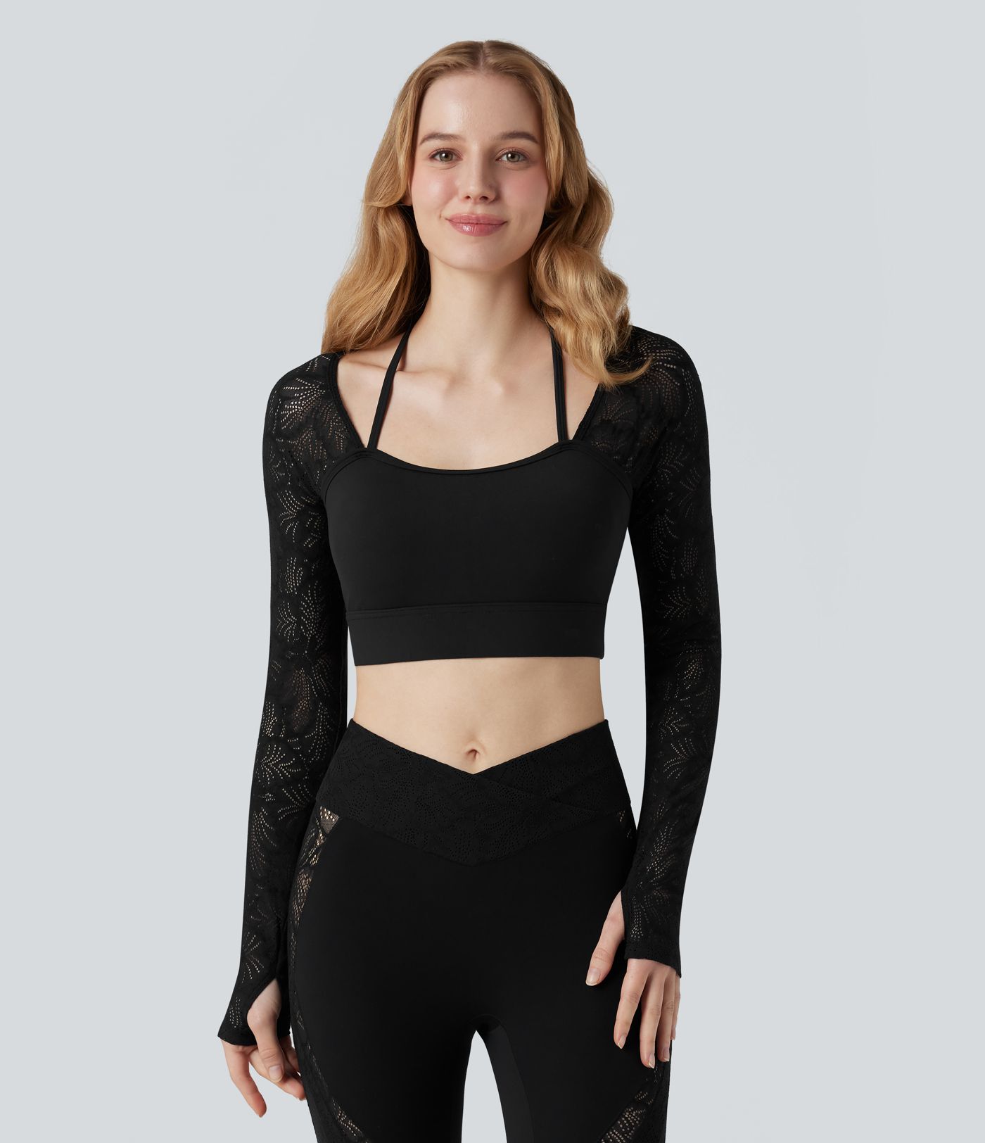 SoftlyZero™ Contrast Lace Halter Long Sleeve Thumb Holes Cropped Yoga Top