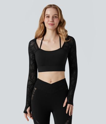 SoftlyZero™ Contrast Lace Halter Long Sleeve Thumb Holes Cropped Yoga Top