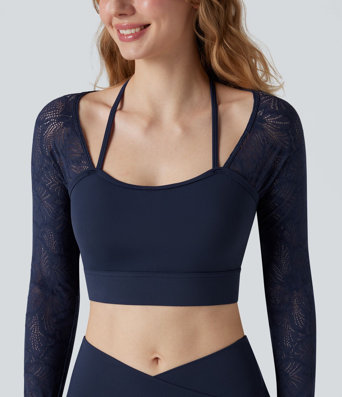 SoftlyZero™ Contrast Lace Halter Long Sleeve Thumb Holes Cropped Yoga Top