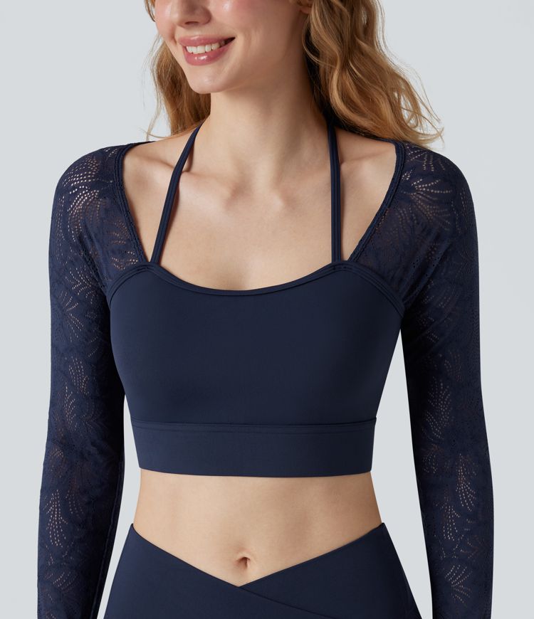 SoftlyZero™ Contrast Lace Halter Long Sleeve Thumb Holes Cropped Yoga Top