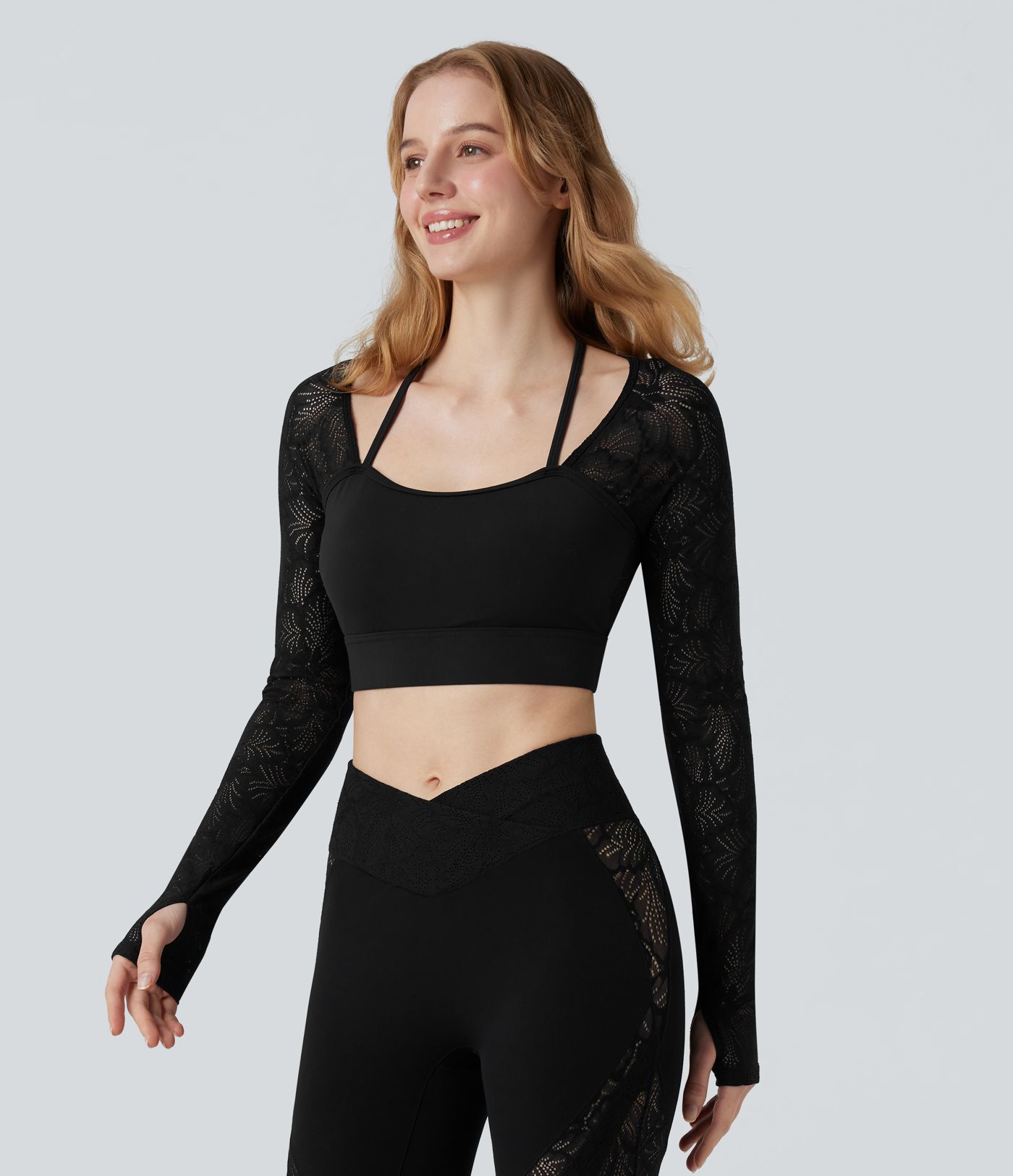 SoftlyZero™ Contrast Lace Halter Long Sleeve Thumb Holes Cropped Yoga Top