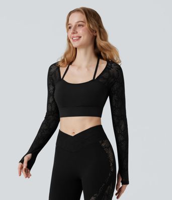 SoftlyZero™ Contrast Lace Halter Long Sleeve Thumb Holes Cropped Yoga Top