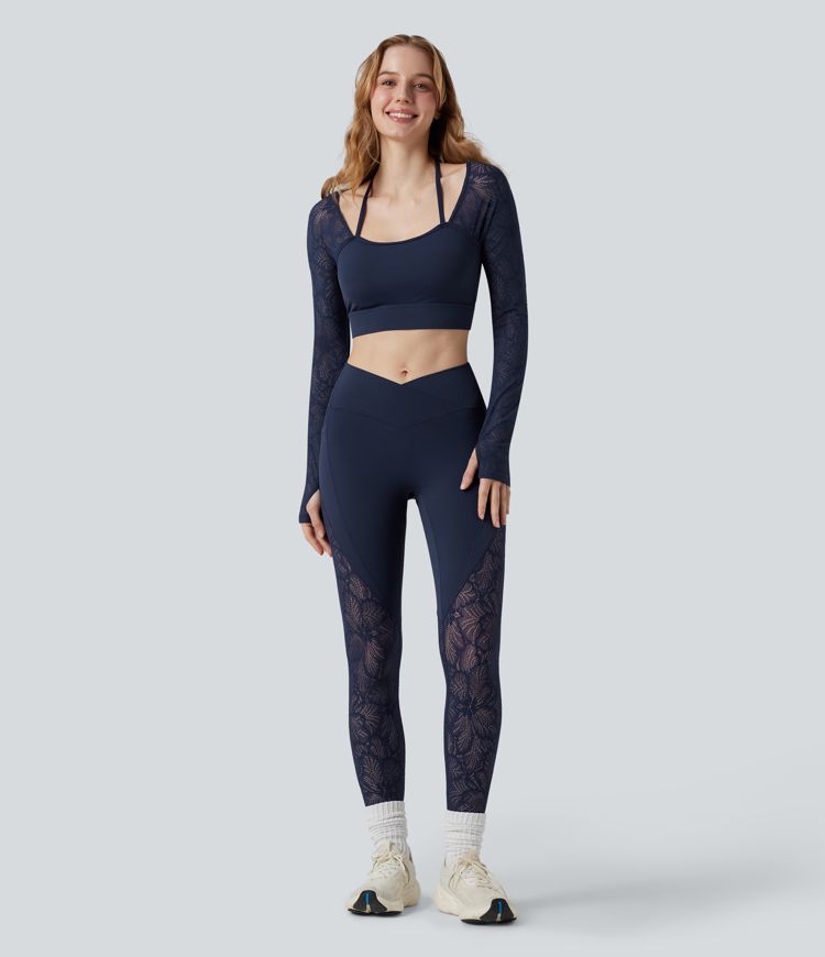 SoftlyZero™ Contrast Lace Halter Long Sleeve Thumb Holes Cropped Yoga Top