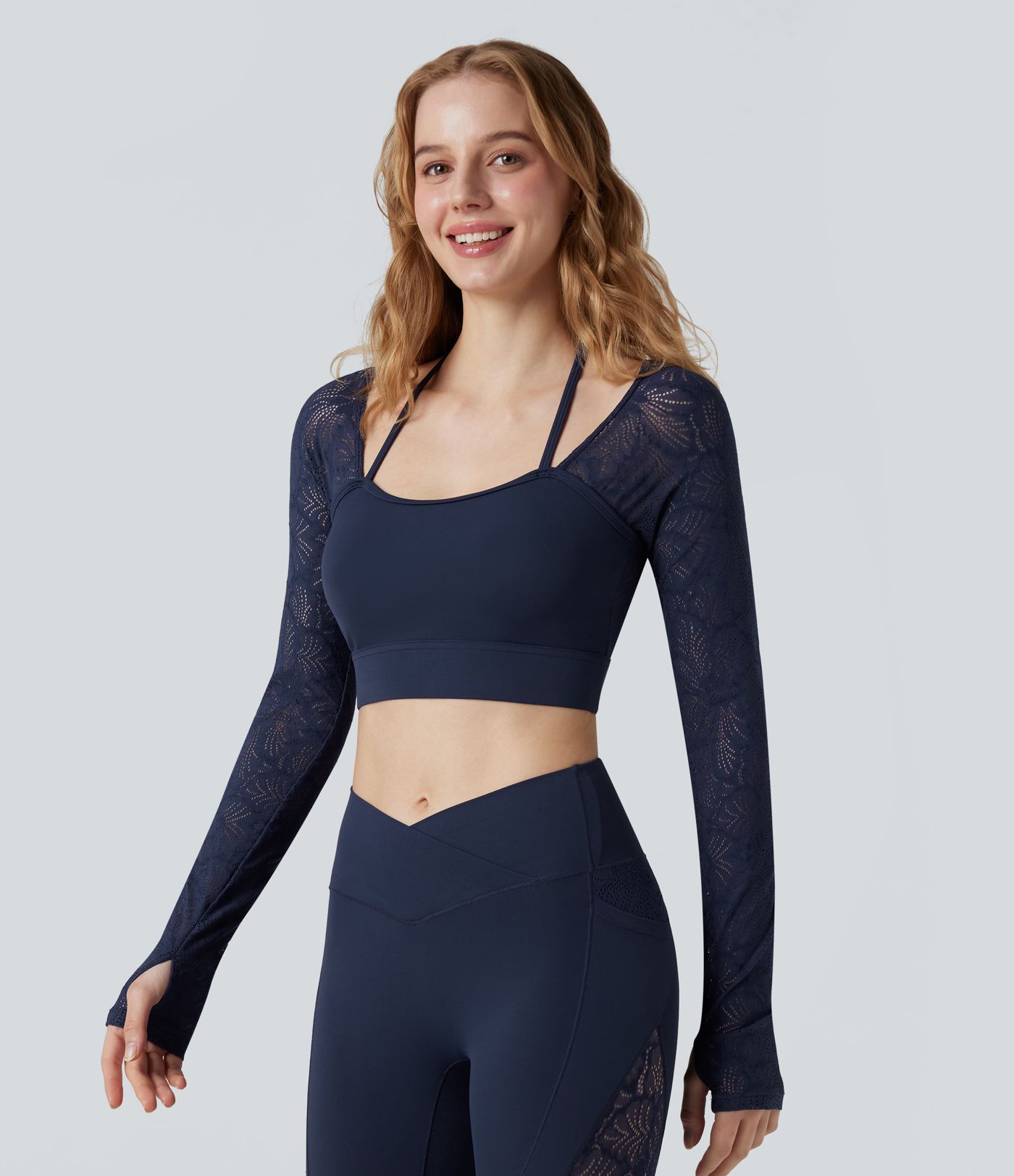 SoftlyZero™ Contrast Lace Halter Long Sleeve Thumb Holes Cropped Yoga Top