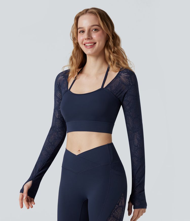 SoftlyZero™ Contrast Lace Halter Long Sleeve Thumb Holes Cropped Yoga Top