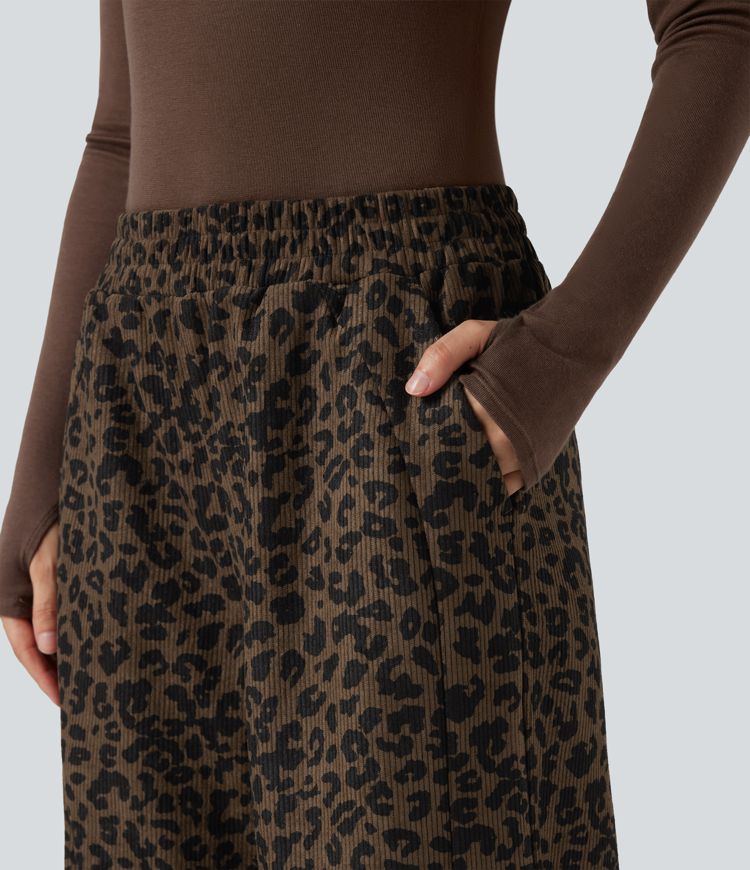High Waisted Straight Leg Mop Leopard Print Corduroy Casual Pants with Pockets