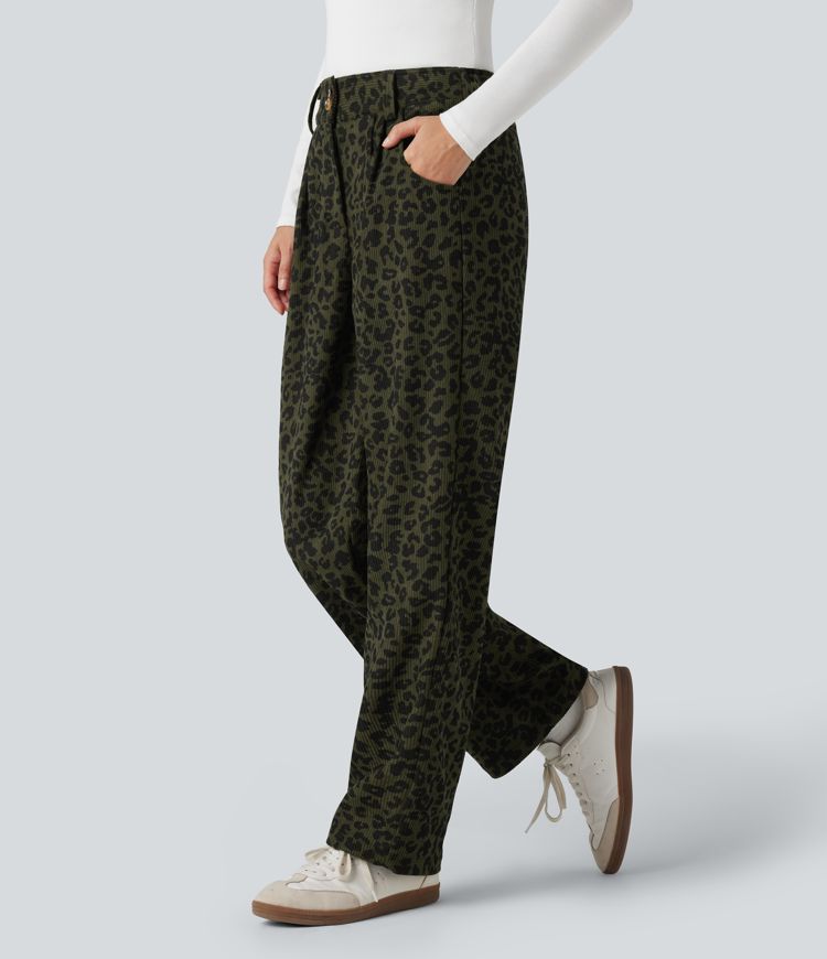 Pantalon velours côtelé imprimé léopard coupe droite taille mi-haute avec poches