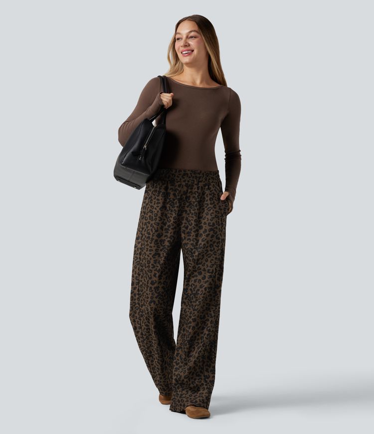 High Waisted Straight Leg Mop Leopard Print Corduroy Casual Pants with Pockets
