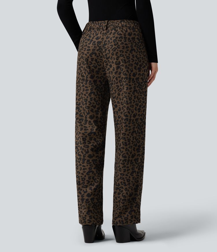 Lässige Cordhose mit mittelhohem Bund, Seitentaschen, Leopardenmuster und geradem Bein