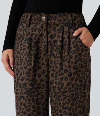 Lässige Cordhose mit mittelhohem Bund, Seitentaschen, Leopardenmuster und geradem Bein