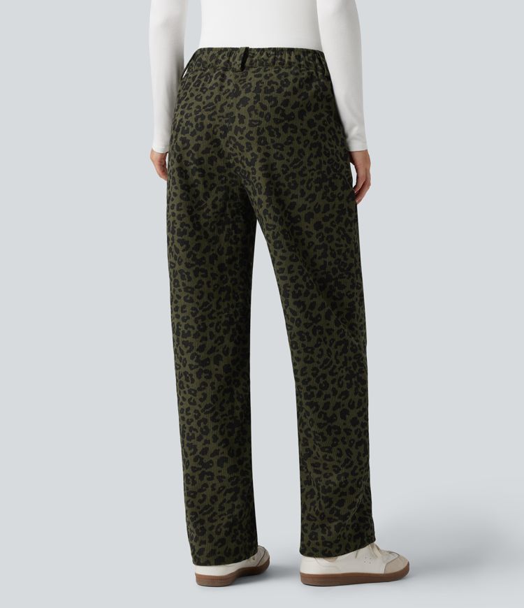 Mid Rise Leopard Print Corduroy Casual Straight-leg Pants with Pockets