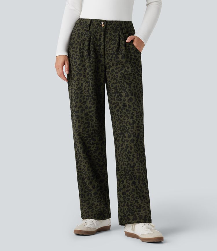 Mid Rise Leopard Print Corduroy Casual Straight-leg Pants with Pockets