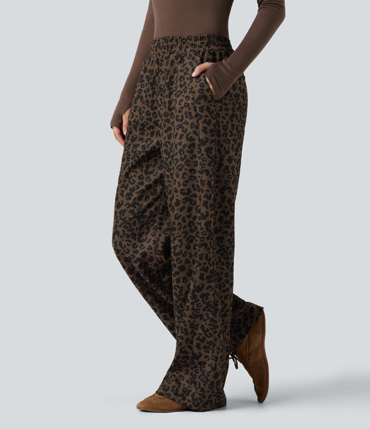 High Waisted Straight Leg Mop Leopard Print Corduroy Casual Pants with Pockets